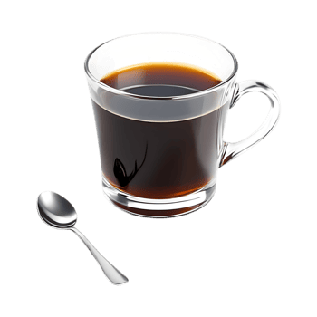 A cup of black coffee with a spoon. png