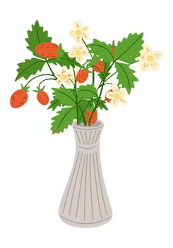 Colorful bouquet of strawberries, leaves and flowers arranged in a decorative vase. Represents freshness, summer harvest, natural beauty and rustic home decor vector