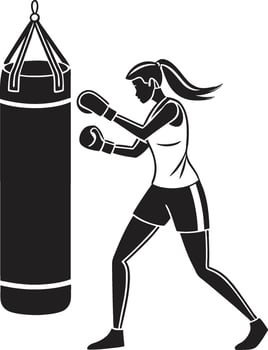 A strong, determined female boxer is depicted in silhouette, striking a punching bag.. vector