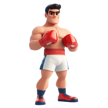 3d render of a strong and muscular cartoon boxer wearing red boxing gloves and shorts, standing confidently, ready for a match, exuding strength and determination png