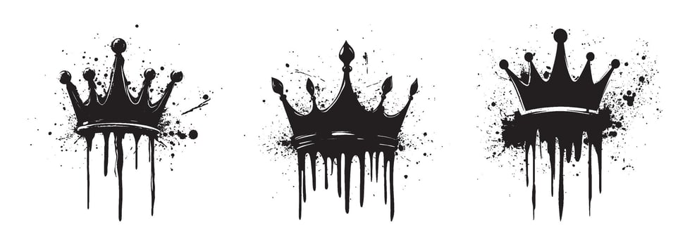 Grunge black crown silhouettes dripping ink splatter effect royalty symbol urban graffiti element isolated white background tattoo clipart emblem punk rock street art design printable set vector