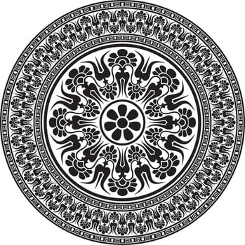black monochrome classic Greek round ornament. Circle of Ancient Greece and the Roman Empire. Byzantine painting of walls, floors and ceilings. Decor European palace vector