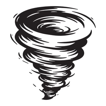 Stylized black and white illustration of a powerful rotating tornado against white background vector