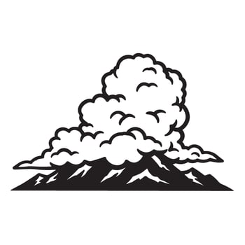 Simple black and white illustration of a mountain range with puffy clouds above the peaks vector