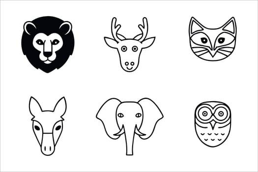 Cartoon Animal Faces Collection of Line Drawings Featuring a Lion, Deer, Fox, Donkey, Elephant and Owl vector
