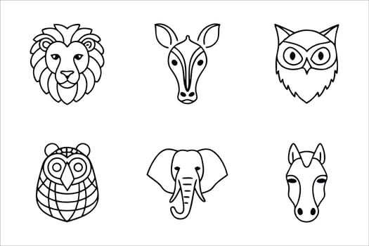 Animal Icon Set of a Lion, Okapi, Two Owls, Elephant and Horse Represented as Stylized Black and White Line Drawings vector