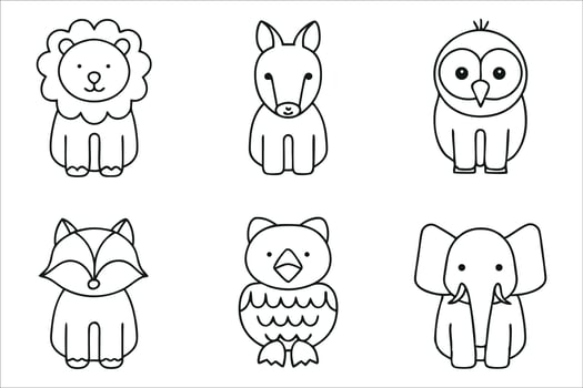 Cute Cartoon Animals in Black and White Outline Featuring a Lion, Donkey, Owl, Fox, Bird, and Elephant vector