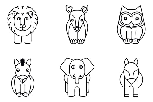 Stylized Animal Illustrations Adorn a Minimalist Composition Featuring a Lion, Deer, Owl, Zebra, Elephant, and Horse in Black and White vector