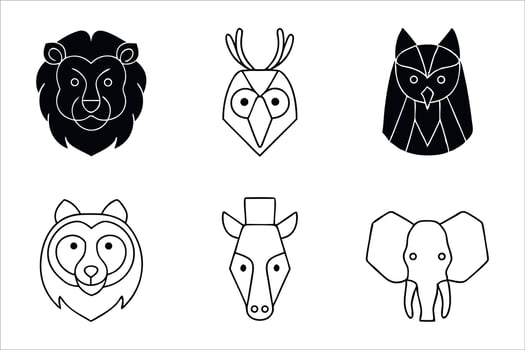 Stylized Animal Icon Set Featuring a Lion, Owl, Raccoon, Zebra, and Elephant with Geometric Shapes and Bold Outlines vector