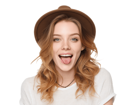 Playful young woman sticking out tongue with a hat png