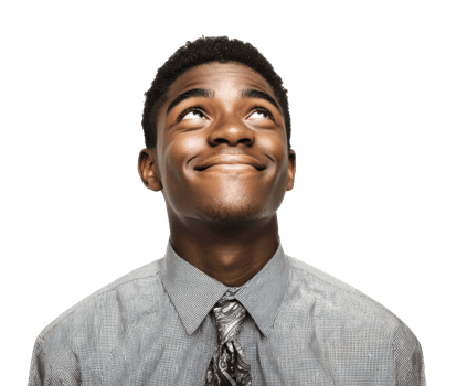 Positive young man smiles while looking up in formal attire png