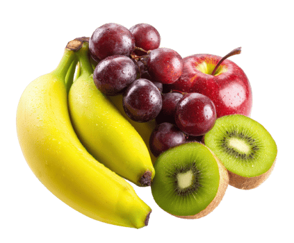 Fresh assorted fruits including bananas, grapes, kiwi, and apple png