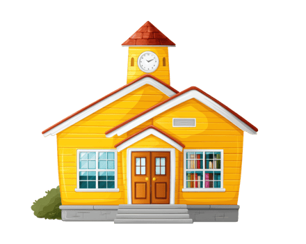 Bright yellow school building with clock tower and books png