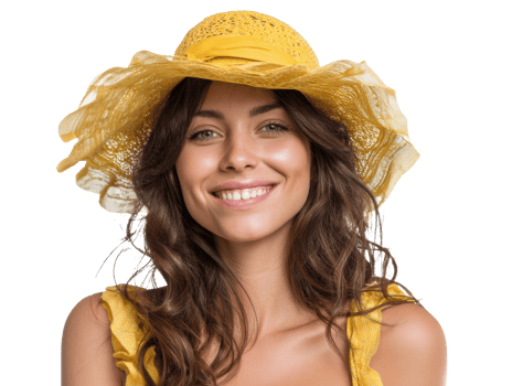 Bright summer fashion with a yellow hat and radiant smile png