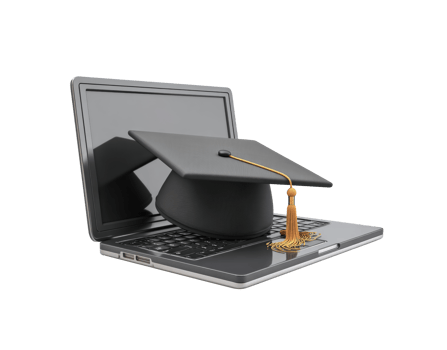 Online learning and graduation cap on laptop screen display png