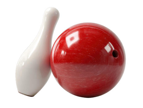 Red bowling ball and pin arrangement for game setup png