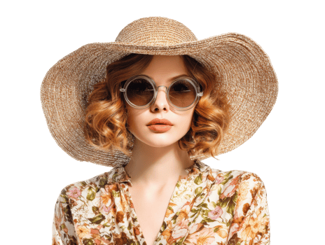 Elegant summer fashion with hat and sunglasses for stylish women png