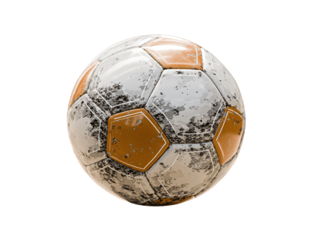 Worn soccer ball on display with unique texture and colors png