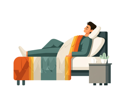 Resting man on bed with colorful blanket and plants nearby png