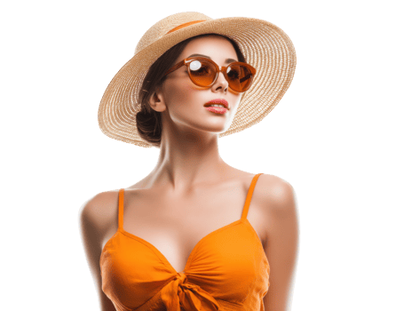 Summer fashion look with stylish hat and sunglasses png