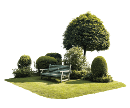 Cozy garden corner with bench and lush green plants png
