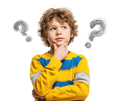 Curious child pondering a question with hand on chin png