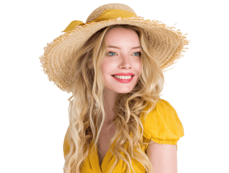 Cheerful woman in a straw hat and yellow dress png