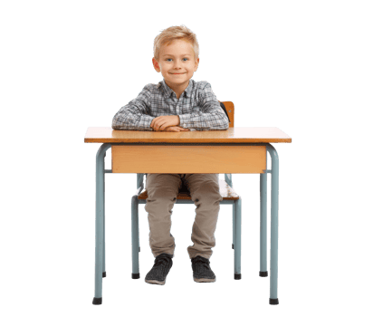 Happy child sitting at a school desk ready for learning png