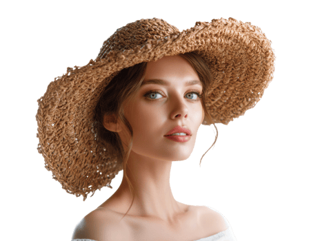 Woman wearing a straw hat with natural makeup for summer vibes png