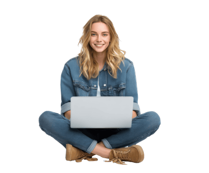 Smiling woman sitting cross-legged with laptop in casual attire png