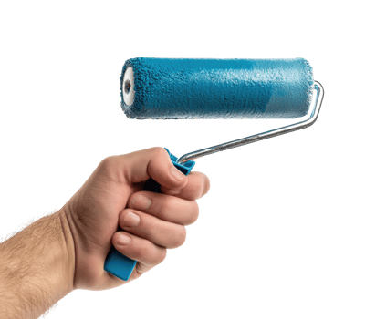 Hand with blue paint roller for home renovation png