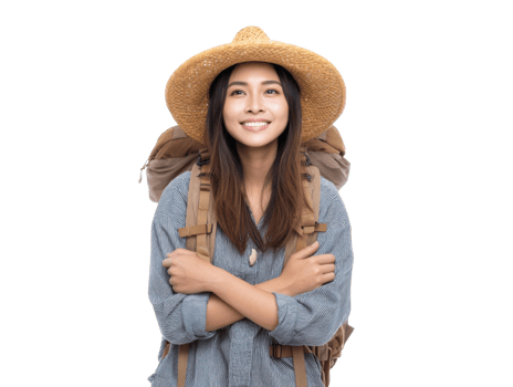 Happy traveler with backpack and straw hat ready for adventure png