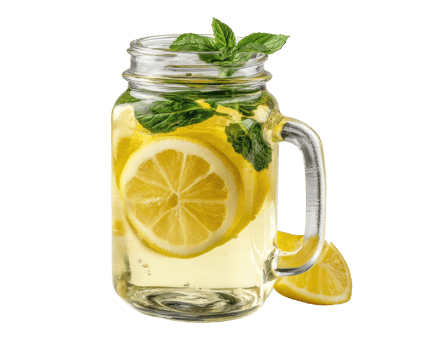 Refreshing lemon and mint drink in a glass jar with lemon slices png
