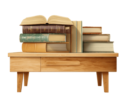 Stacked books on a wooden table for educational inspiration png