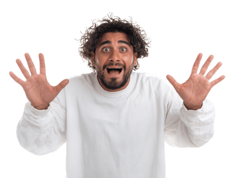 Excited man expressing surprise and joy with raised hands png
