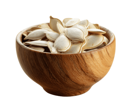 Natural pumpkin seeds in wooden bowl for healthy snacking png