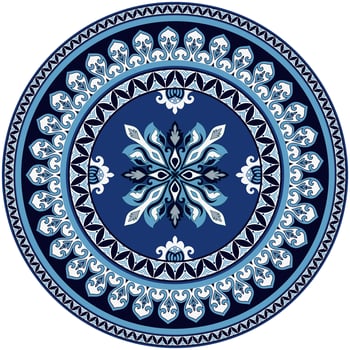 Blue Mandala Ornament Pattern, Traditional Floral Geometric Design, Circle Rug vector