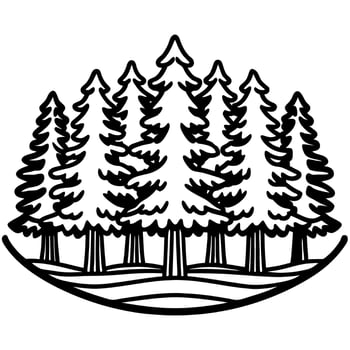 Evergreen pine forest illustration black and white silhouette of conifer trees, woodland landscape, nature emblem design vector