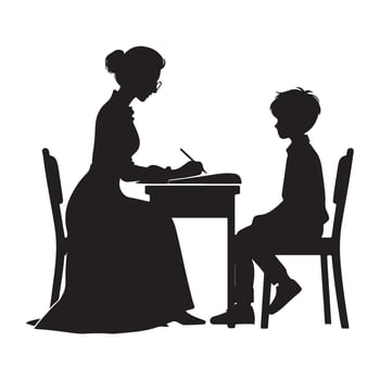Silhouette Illustration of Teacher Guiding a Student in Classroom vector