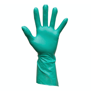 Green Rubber Glove Hand Raised with Transparent Background Clipping Path isolated png