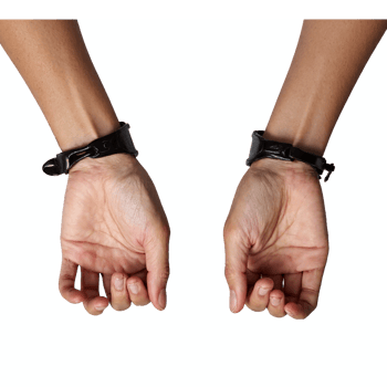Close up of human hands wearing black leather wrist restraints isolated on transparent background png