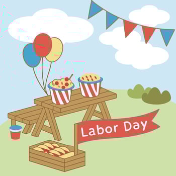 Labor Day Picnic Scene with Balloons Cupcakes and Banner vector