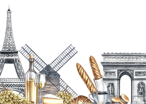A frame with images of Parisian landmarks and products. Hand-drawn watercolor illustration. Wine, grapes, baguettes, cheese, croissants, and macaroon, the Eiffel Tower, the Arc de Triomphe, and a mill png