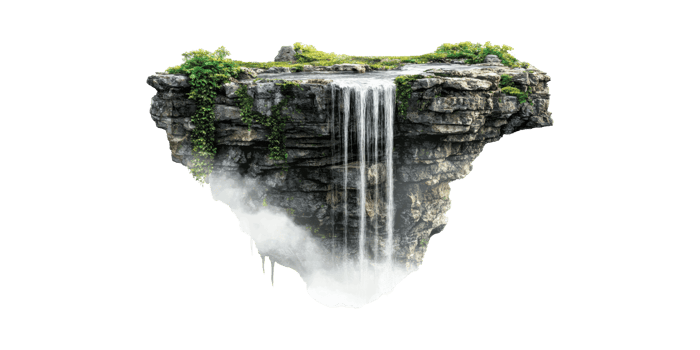 Floating Island With Waterfall And Lush Greenery. Surreal Nature Concept Isolated On Transparent Background png
