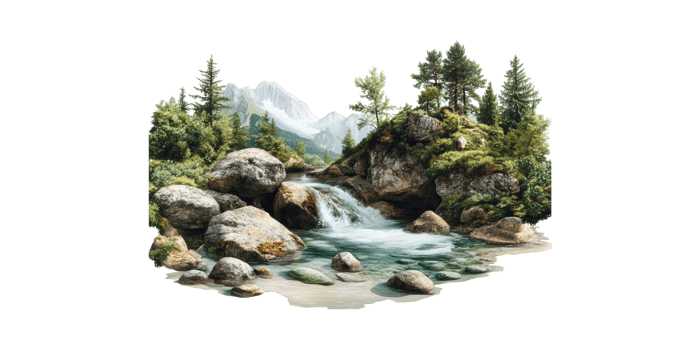 Mountain Stream With Rocks And Trees. Serene Nature Landscape For Relaxation And Inspiration Isolated On Transparent Background png