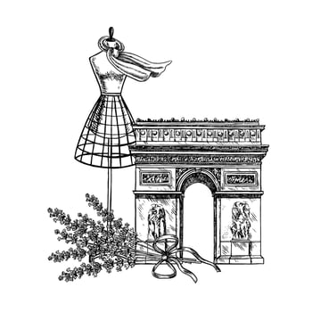 A tailor s dummy with a lavender scarf and the Arc de Triomphe in Paris. graphics, hand-drawn black and white illustrations. This is an element of your design for banners, posters, postcards. vector