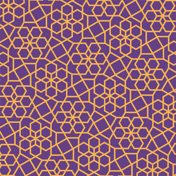 A seamless geometric pattern with interlocking hexagonal shapes and floral motifs in a continuous grid, creating an intricate and decorative design. vector
