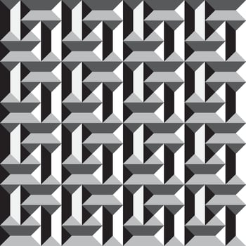 Seamless geometric pattern with an isometric 3D effect in black, white, and gray tones. Modern and abstract tile design. vector