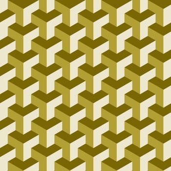 Seamless isometric geometric pattern with 3D cube illusion in earthy shades. Ideal for backgrounds, textiles, and modern design projects. vector
