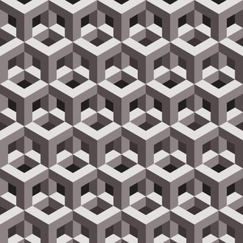 Repeating 3D cube pattern in monochrome tones. Modern isometric design creates optical illusion depth. Ideal for wallpapers, backgrounds, and textiles. vector